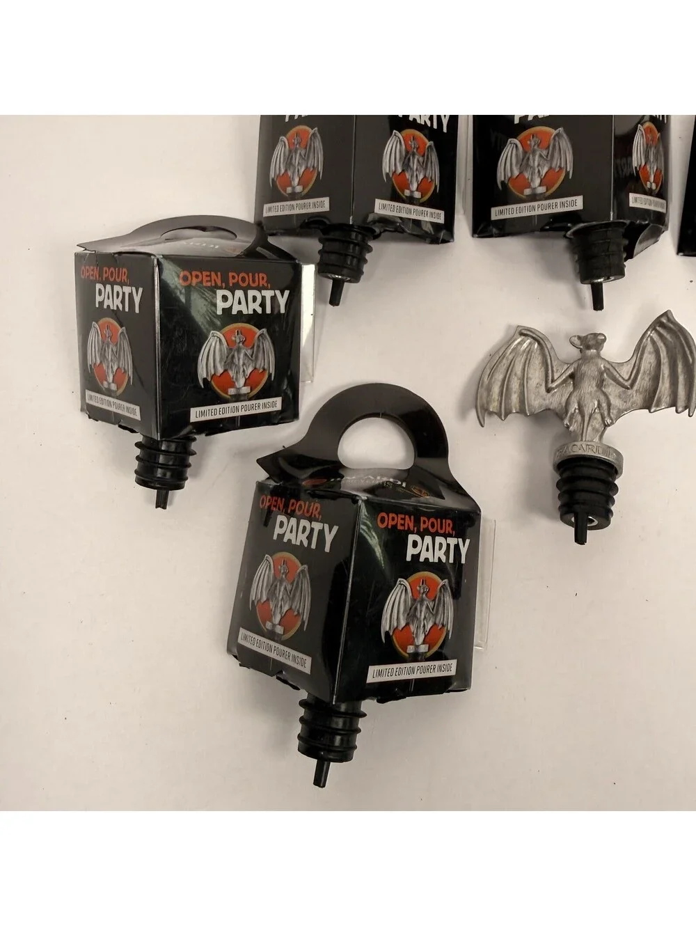 Lot Of 8 BRAND NEW 2012 Pewter BACARDI Rum Metal BAT POURER Liquor Spout Beware
